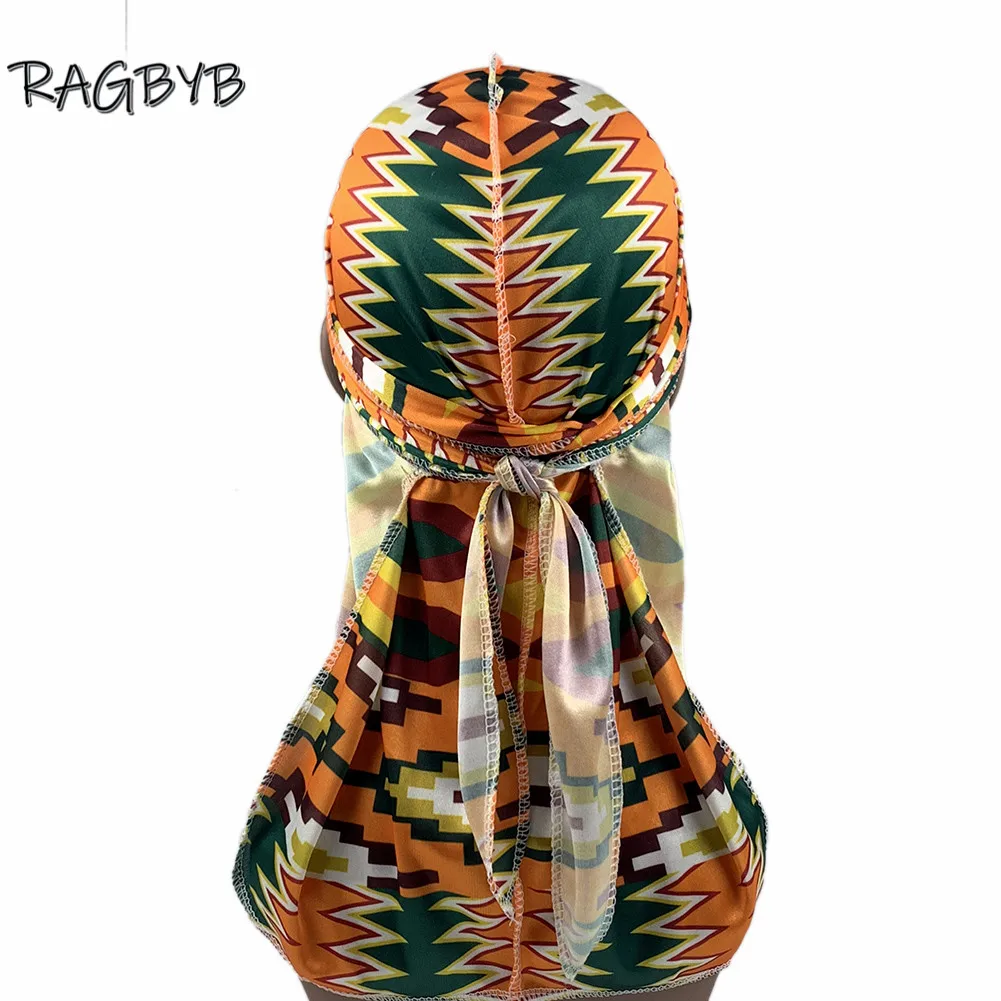 Unisex Printing Silk Durag Ankara Style Men Silky Durag Long Tail Head Scarf Headwear Headband Wave Cap Durags