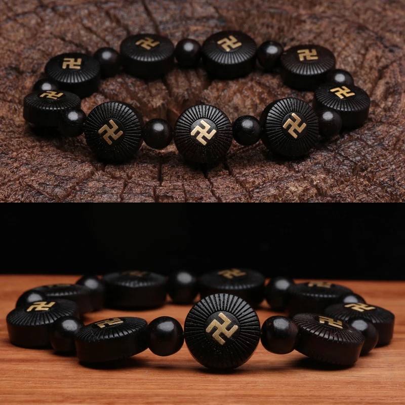 Tibetan Buddhism Ebony Bracelet Auspicious Symbol Swastika Logo Handmade Inlaid Unisex Bracelet