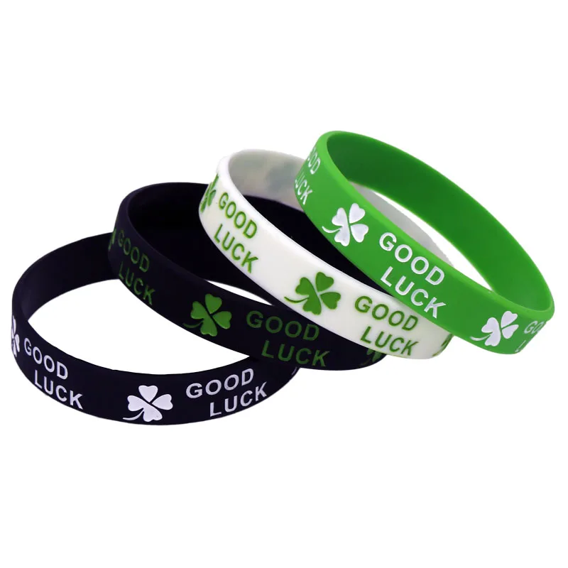1PC New Fashion Clover Good Luck Silicone Wristband Black Green White Rubber Letters Bracelets&Bangles Women Men Adults SH167