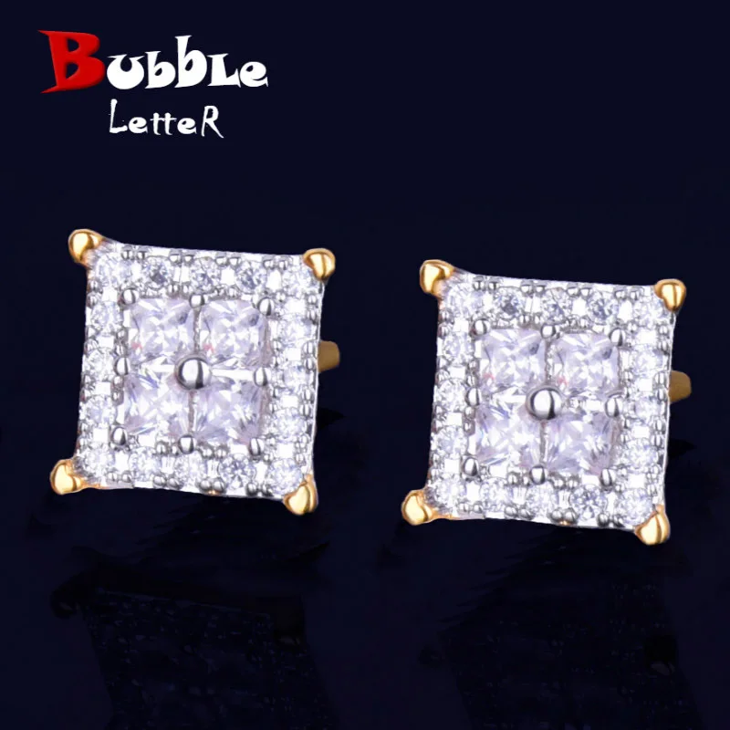 12MM Square Baguette Zircon Stud Earring Silver Color Charm Screw Back Women Men\'s Earrings Fashion Hip Hop Jewelry
