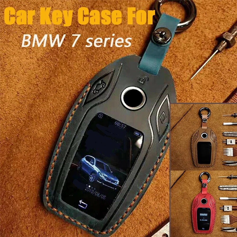 

Handmade Genuine Leather Key Case Cover Keychain For BMW 7 series 730 740 750 760 G11 G12 G20 G30 Led Display Screen protect