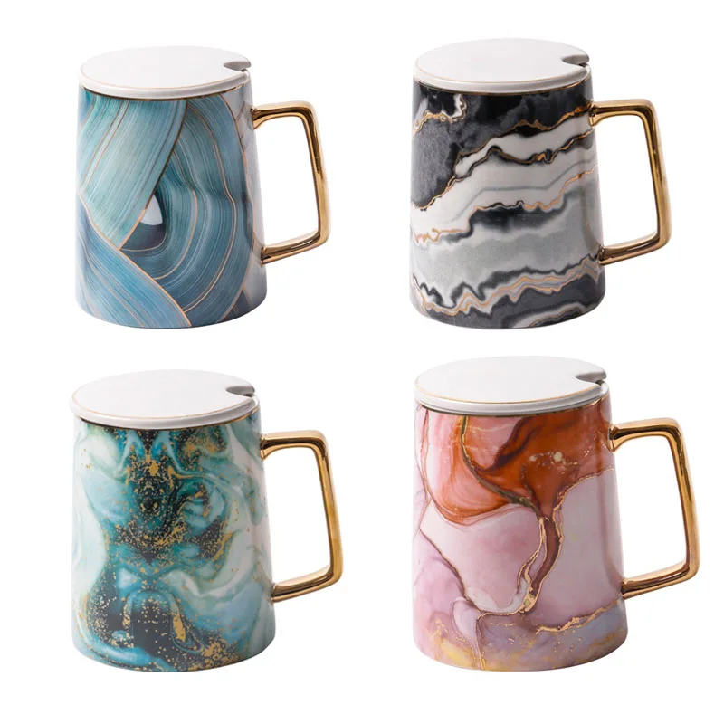 

380ML Fashion Marble Pattern Mug With Lid Spoon Novelty Creative Office Water Cup Wedding Bridal Lover's Gifts