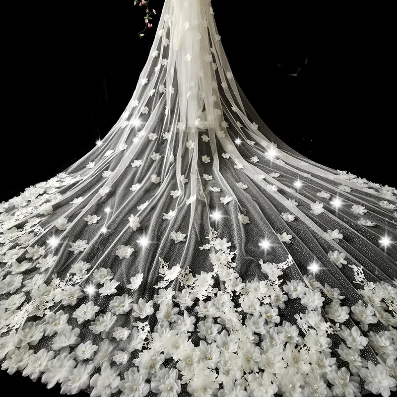 Gossamer velo de novia de la Catedral, tela brillante de estrellas, flor tridimensional 3D, velo de novia de boda