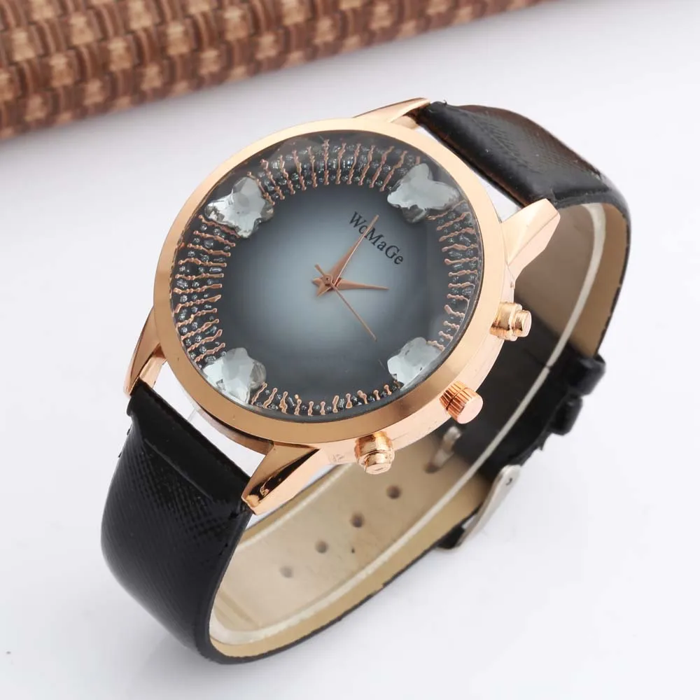 

Womage Fashion Women Watches Ladies Watches Leather Band Quartz Wristwatches Crystal Womens Watches relogio feminino reloj mujer