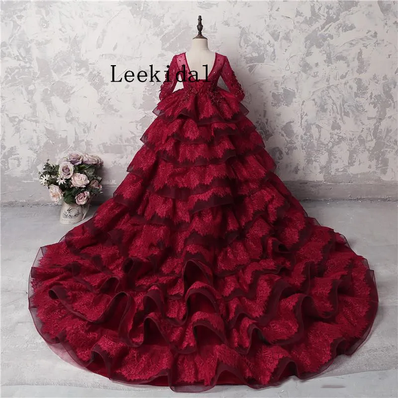 Multi-Layer Girls Pageant Gowns Dark Red Lace Long Sleeves Appliques Beads Flower Girl Dresses For Wedding Long Train Real Photo