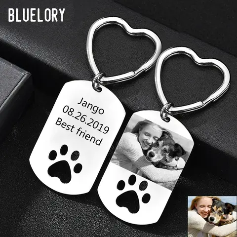 Bluelory Personalized Dog Tag Engrave Photo Name Keychains For Pets Stainless Steel Custom Date Text Jewelry Pet Lover Gifts