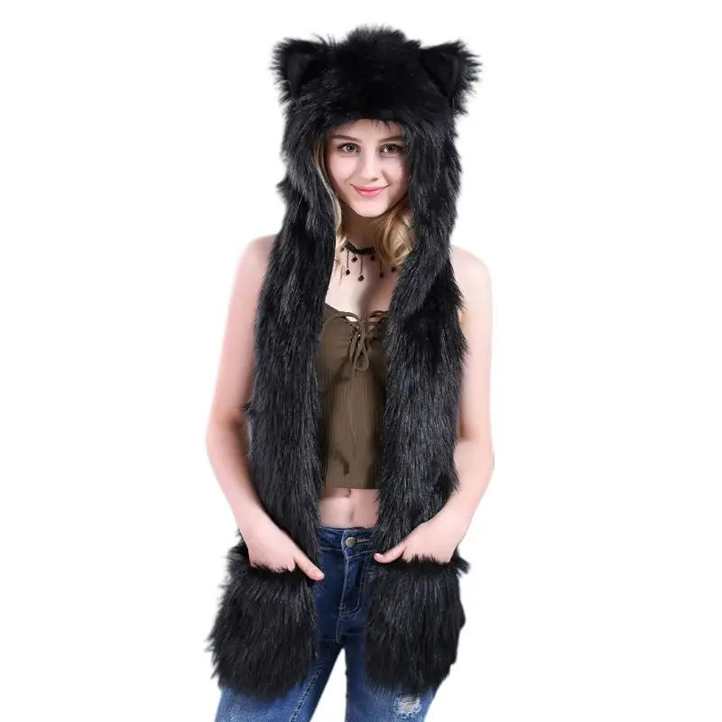 

3 In 1 Women Men Fluffy Plush Animal Wolf Leopard Hood Scarf Hat with Paws Mittens Gloves Thicken Winter Warm Earflap Bomber Cap