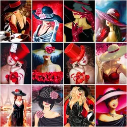 CHENISTORY Oil Painting By Numbers Hat Woman Acrylic Picture By Number Drawing Canvas Picture For Adult Portrait Wall Art Diy Ho