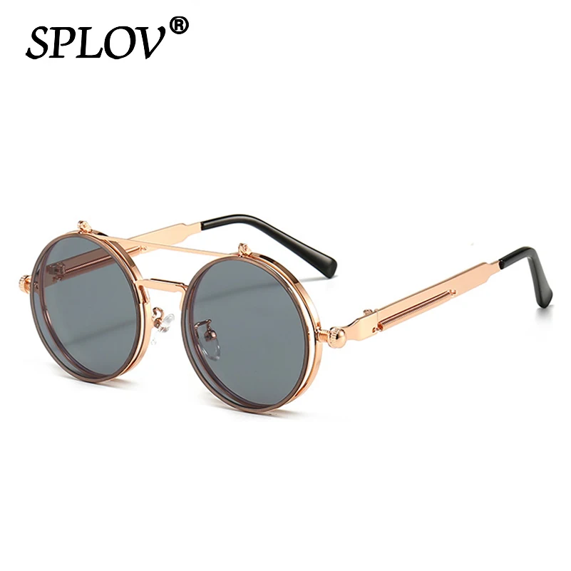 Vintage Steampunk Flip Sunglasses Retro Round Metal Frame Double Beam Sun Glasses for Men Women Designer Punk Glasses Oculos