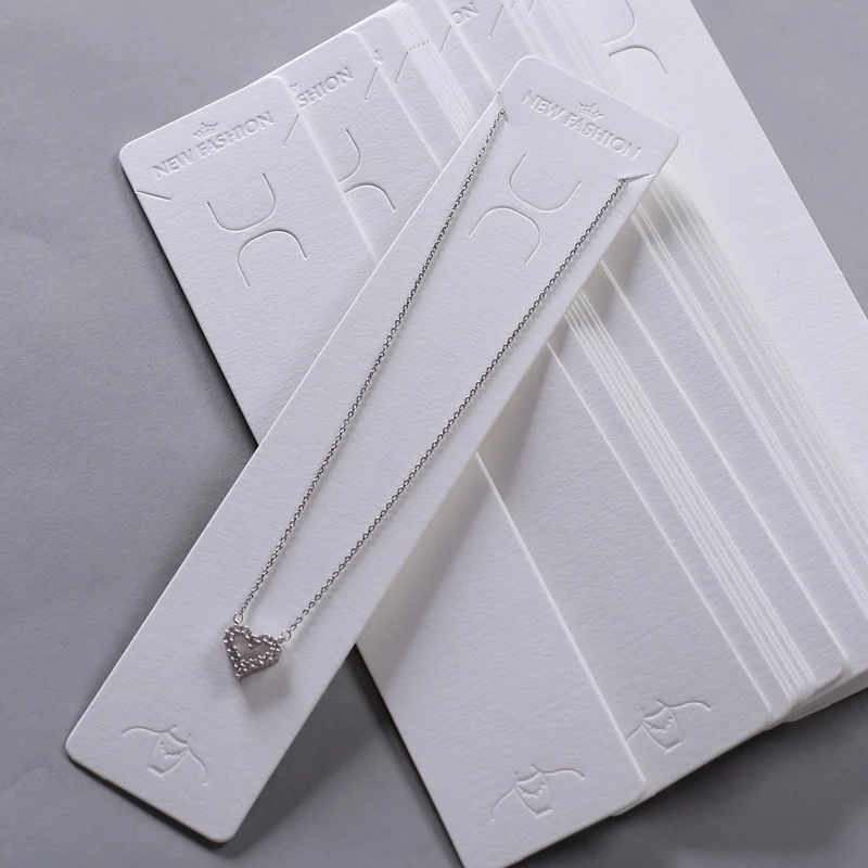 

500gsm White Cardboard Stock Necklace Card Holder Embossing & Debossing Words Paper Tags for Necklace Long Drop Display