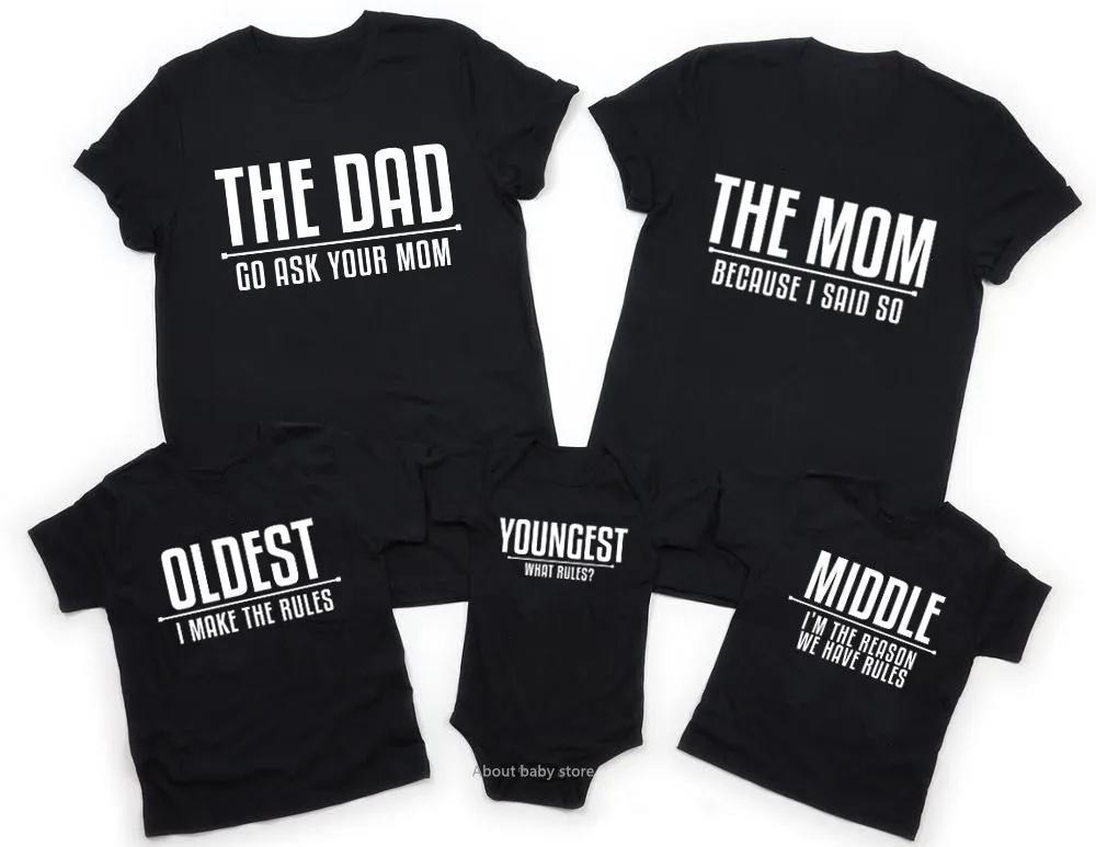 Family Matching Rules Shirts Dad Mom Oldest Middle Youngest Kids Tshirts Black Cotton Matching Daddy Mommy and Me Baby Clothes