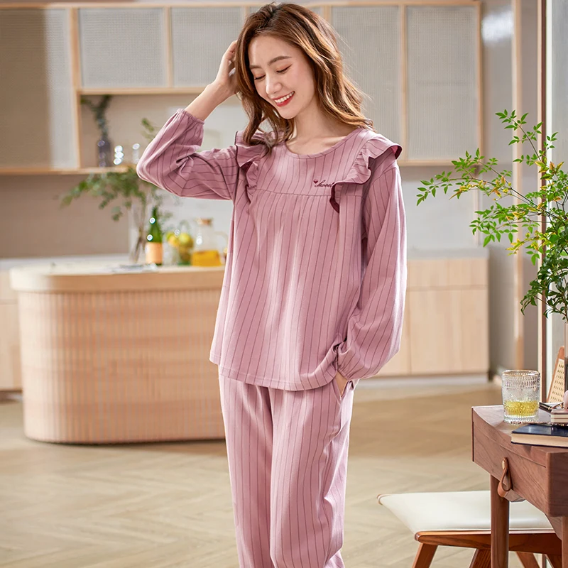 Women's Striped Pajamas Set O-Neck Full Pure Cotton Pijamas Mujer 2pieces/set For Home Sleepwear Big Yards M-XXXL Female Pyjamas