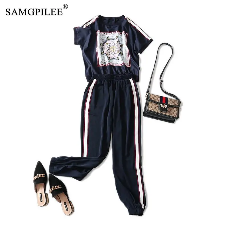 

2 Piece Woman Set Short Sleeve Casual Pullover O-neck Elastic Waist Women Summer Suit Print Full Length Outfits For Womens 4XL