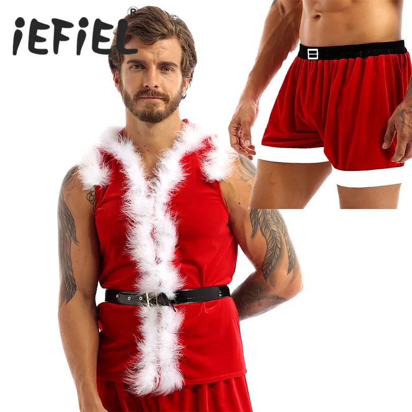 Casaco com capuz para homens, roupas de natal de veludo, casaco de pele sintética, costura, fantasia sexy de festa de natal, cosplay de santa fé, boxer, shorts