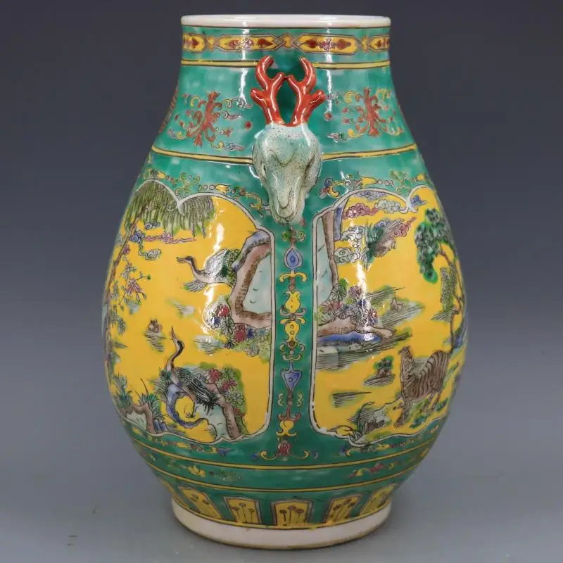 Qing Dynasty Kangxi green glaze pastel green Zodiac deer head shaped vase big vases antique home decoration porcelain antique