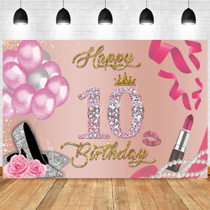 

Pink 10th Photo Backdrop Happy Birthday Party Girls Gold Balloon Boy 10 Ten Photography Background Photographic Banner Deco Prop