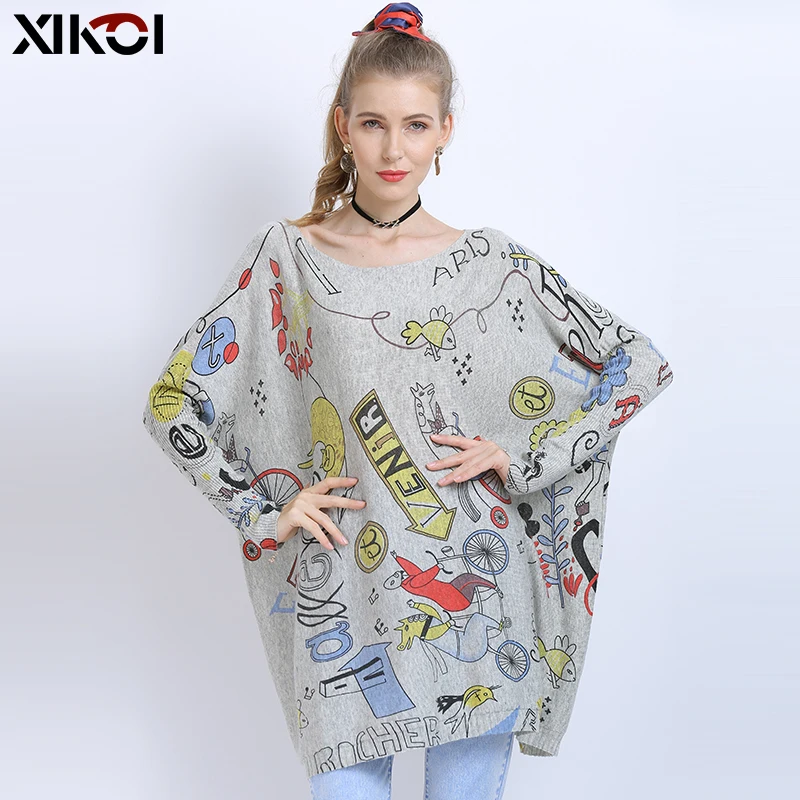 XIKOI Winter Oversized Sweaters For Women Warm Long Pullover Dresses Fashion Creativity Print Jumper Knitted Sweaters Pull Femme