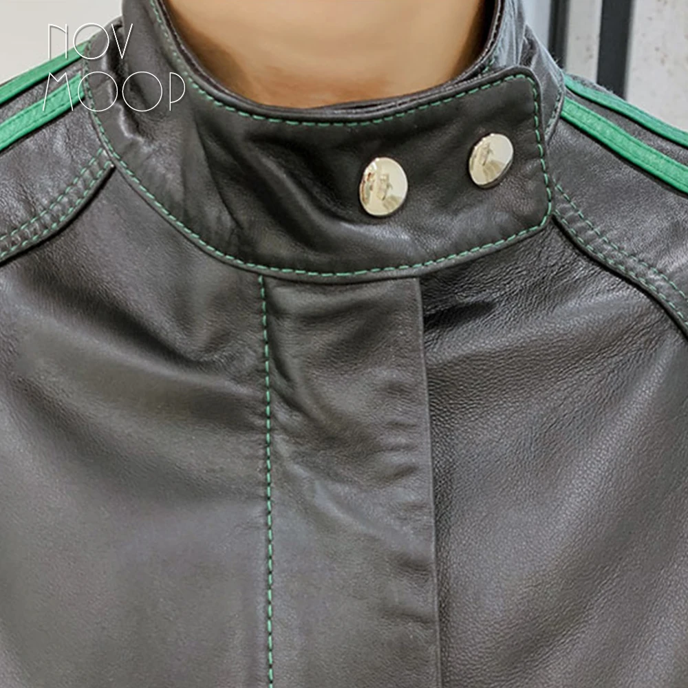 Novmoop sheepskin genuine leather women sports jacket patched with green leather strap sleeve easy to wear spring veste LT3468