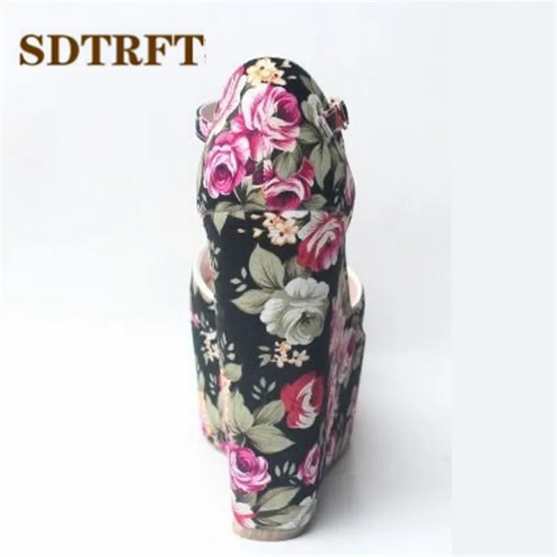 SDTRFT Stiletto Ladies 15cm wedges Sandals Platform shoes woman zapatos mujer Flowers T-strap Pumps Small Yards:30,31,32,33-43