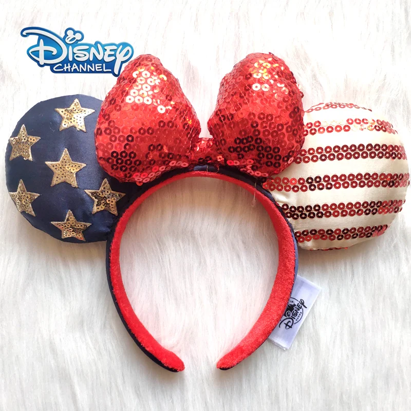 

Disney American Flag (LAND THAT I LOVE) Mickey Mouse Headband Disneyland Minnie Ear Plush Sequins Headwear Party Decoration Gift