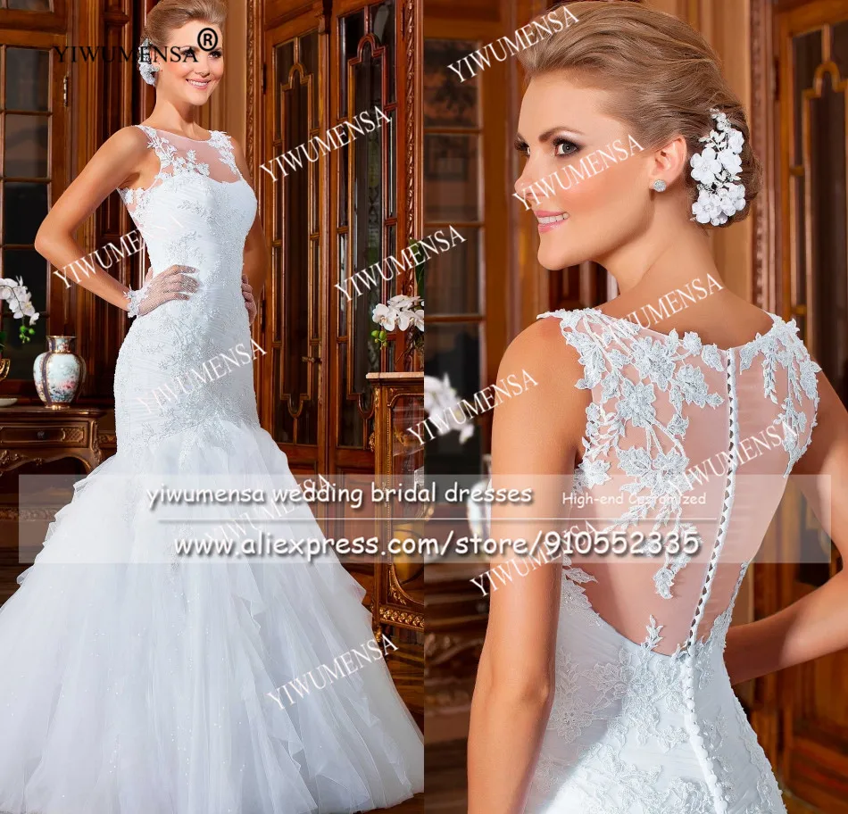 YIWUMENSA Gaun Pengantin A Line Tulle Berlipat Applique Renda Boho Gaun Pernikahan Rel Sapu Bermanik-manik Vestidos De Novias