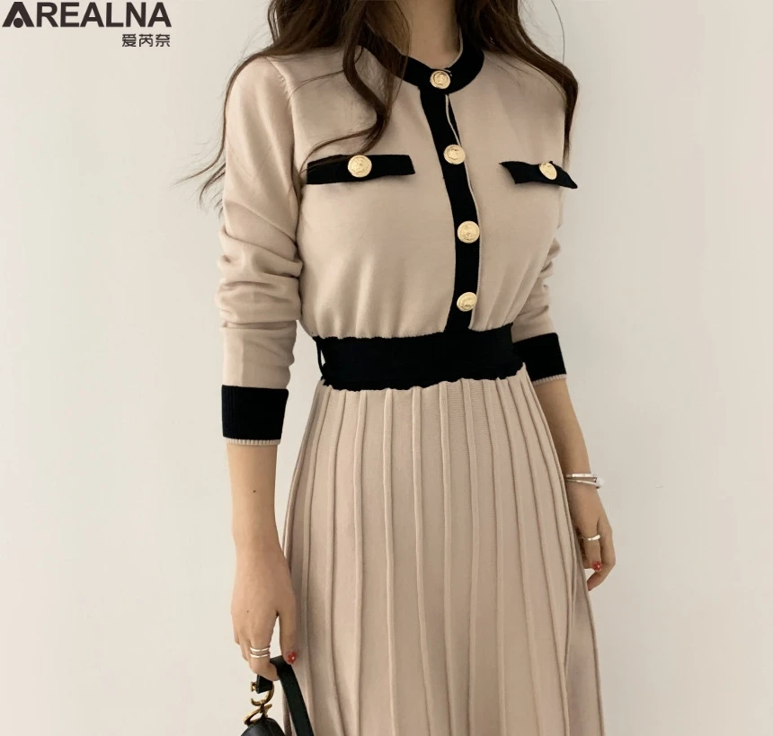 Korean Elegant Knitted Long Dress Women Long Sleeve Color-blocked 0-neck party woman dress A-line Pleated Dresses Vestidos 2020