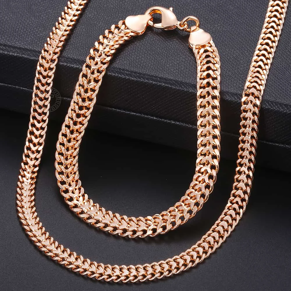 Davieslee Men Women\'s Jewelry Sets 585 Rose Gold Color Double Cuban Weaving Bismark Chain Bracelet Necklace Set Jewelry DCS04