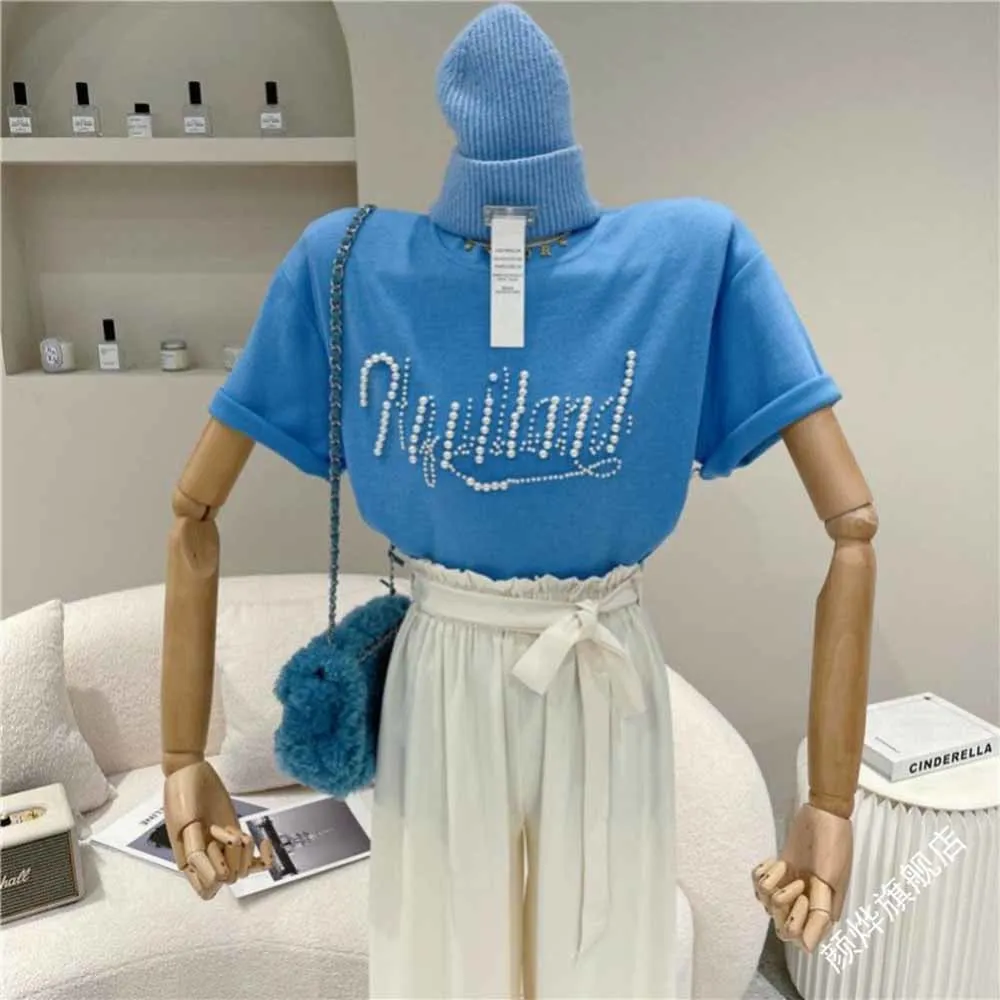 2022 Summer Women's Loose Large Size Cotton Round Neck Letter Heavy Beaded Half-sleeved T-shirt Top Shirts for Women