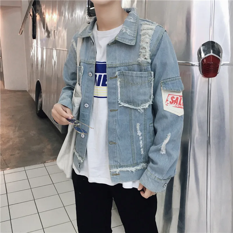 

Harajuku bf wind men's ripped washed denim jacket Korean style loose fashion jacket trendy jacket