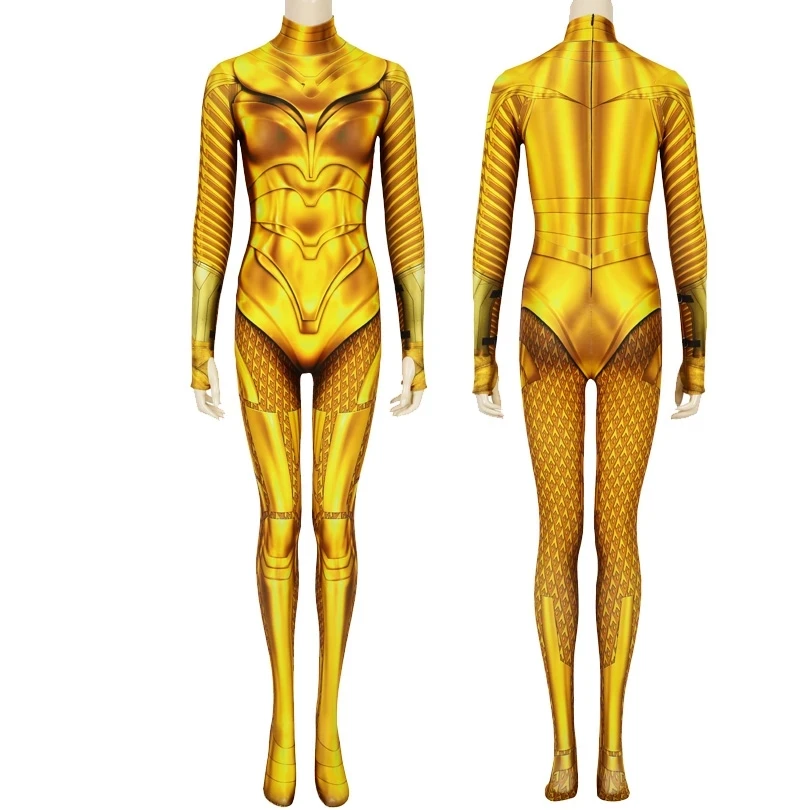 

Adult Women Wonder Girl 1984 Diana Prince Golden Armor Jumpsuit Cosplay Costume Halloween Masquerade Printing Bodysuit