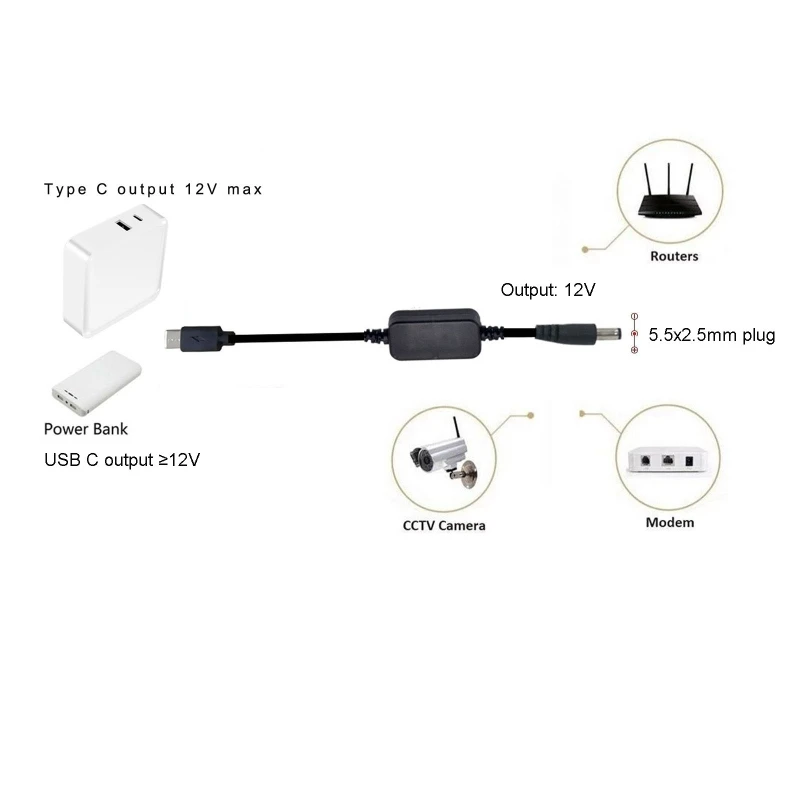 Cabo adaptador para transportador, usb c pd, 12v, 20v, 5.5x2.5mm, para roteador wi-fi, câmera cctv e mais