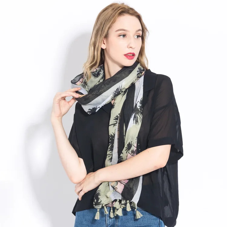 

Spring and autumn new Hainan style printing coconut tree cotton scarf ladies beach beach sunscreen shawl factory direct sales