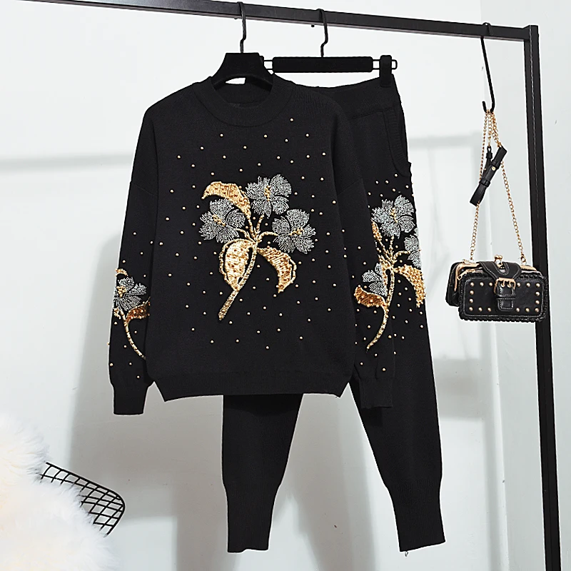 Fashion Autumn Two Piece Set Women Pullover Sweater + Small Feet Pants Casual Beading Florals Tracksuits Outfits Female H1623