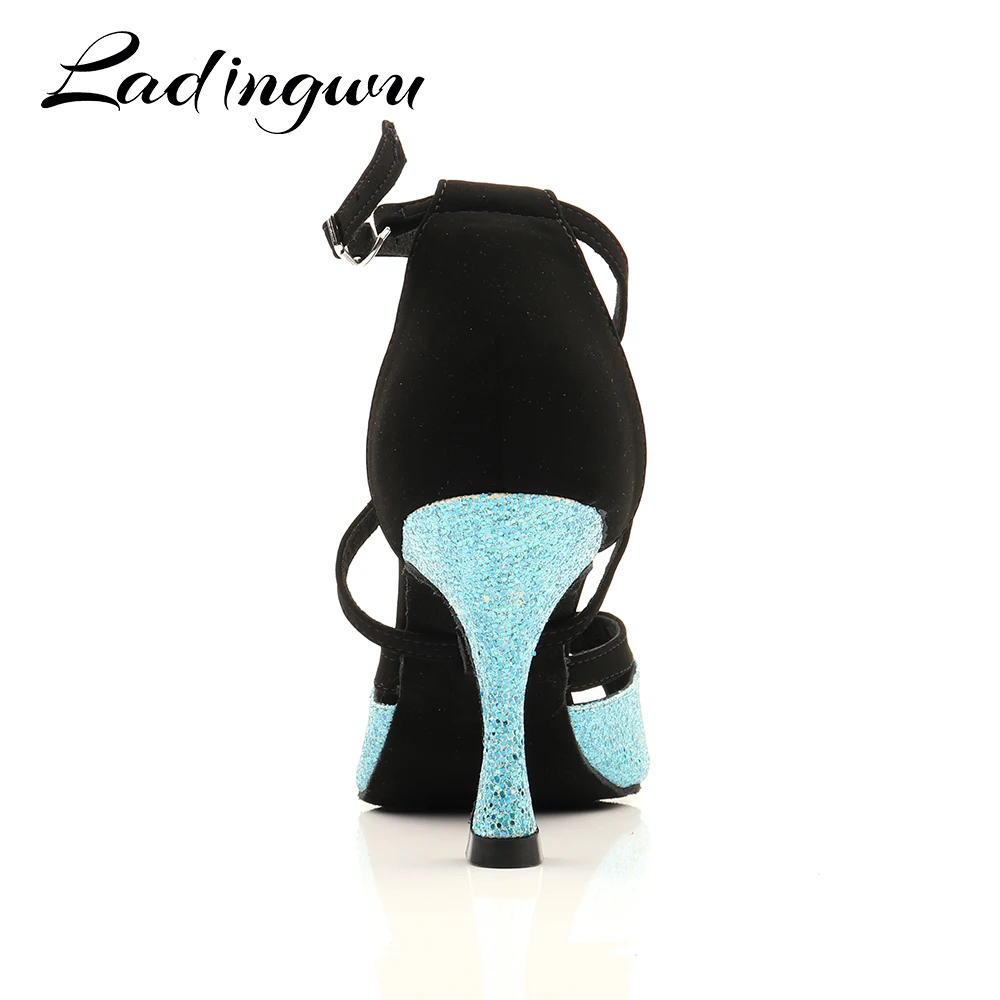 Ladingwu Latin Dance Shoes For Women Black Suede and Blue Glitter  Salsa Dance Shoes Women's Ballroom Dance Sandals