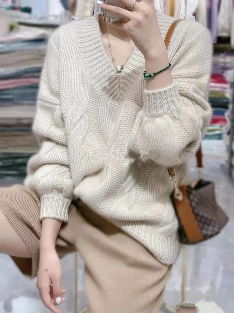 2021 soft and thick cashmere sweater women autumn and Winter Bubble Sleeve v neck loose lazy wind wool knitted sweater foundatio