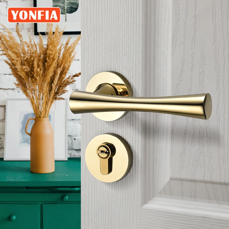 

YONFIA 8035 Hot Sale Classic European Style Designer Gold Bathroom Door Handle Lock for Interior Toilet Wood Door Lever