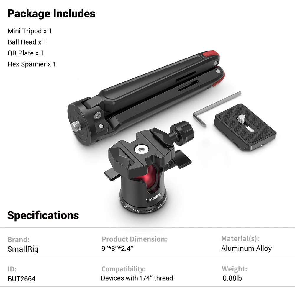 SmallRig Universal Tabletop Mini Tripod with Panoramic Ball Head Tripod for Phone Tripode for Camera ,DSLRs Adjustable 2664