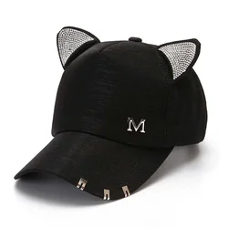 Boné de beisebol feminino Orelhas de Gato com Anéis e Renda Diamante, Chapéu bonito menina, preto, branco, rosa, novo, verão, outono