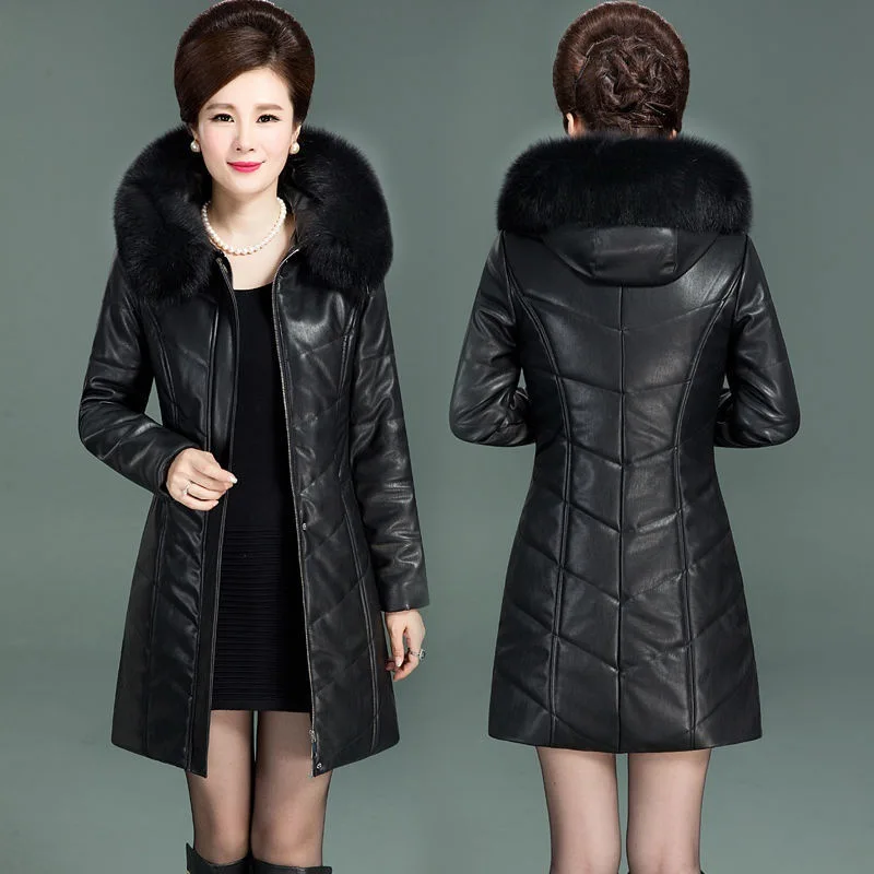 

PU Leather Jacket Winter Women Coat Zipper Fur Collar Thicken Cotton Warm Hooded Coat Pu Leather Middle-aged Women Parkas R1636