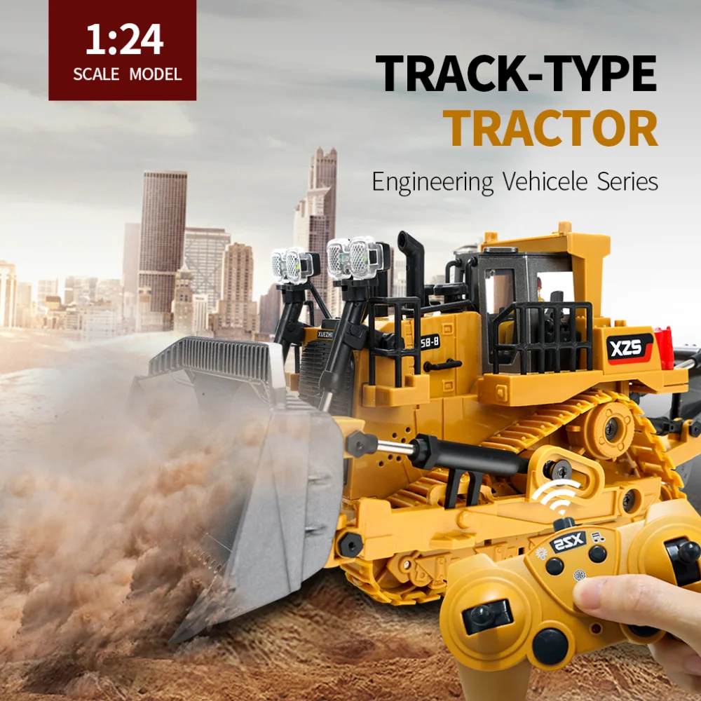 1:24 Rc Truck 9CH Bulldozer crawler 2.4G Remote Control Car Excavator Alloy Bucket 9 Channel Engineering Vehicle Toy for Boy Kid