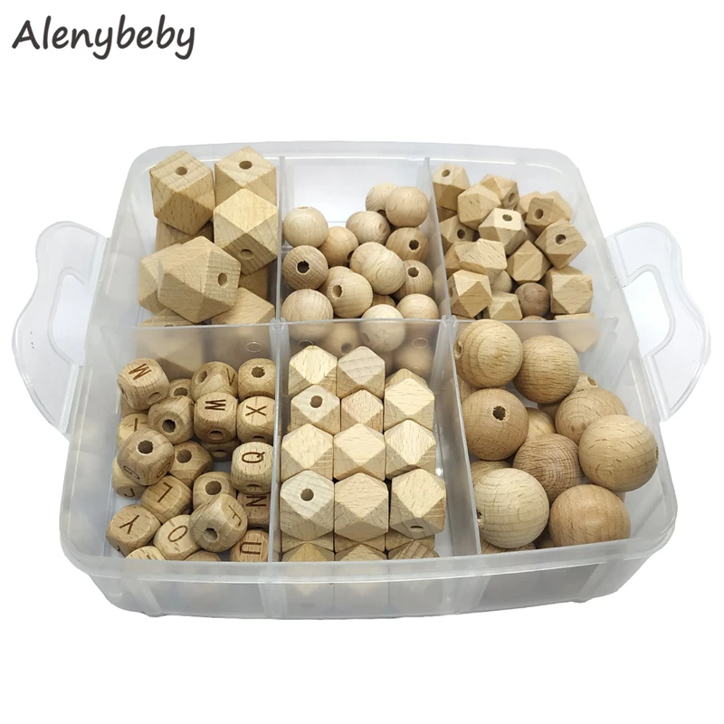 Beech Wooden  Alphabet Round Beads Set Teether Chewable Organic Wood English Hexagon Teething Beads For DIY Craft Jewelry Making