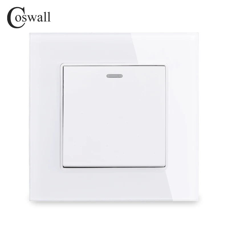 COSWALL 1 Gang 1 Way Crystal Tempered Glass Panel Light Switch On / Off Rocker Wall Switch Interruptor 16A Black White Grey Gold