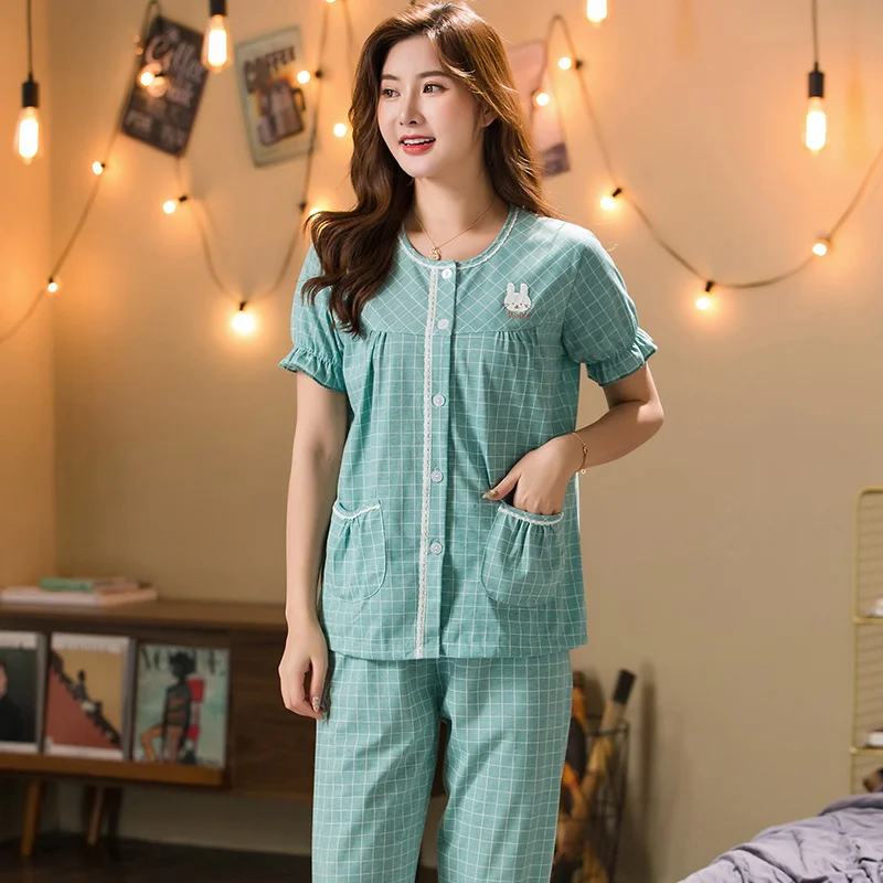 Cardigan Plaid Womens Cotton Pajamas Set Big Yards Femme Pyjamas Set Sleepwear Loungewear Summer Short Sleeve Sleep Clothes