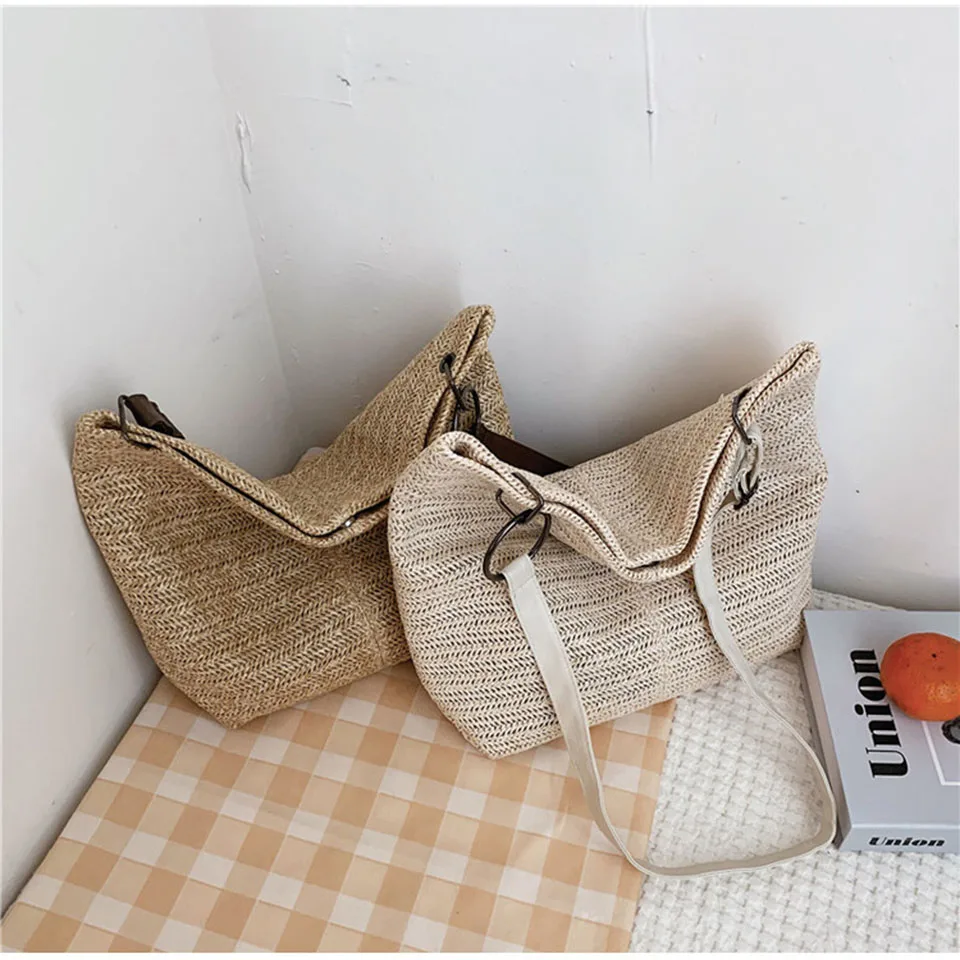 Mode Eimer Stroh Tasche 2021 Sommer Große Kapazität Woven Handtasche Weibliche Totes Damen Rattan Schulter Tasche Bast Bolsos Verano