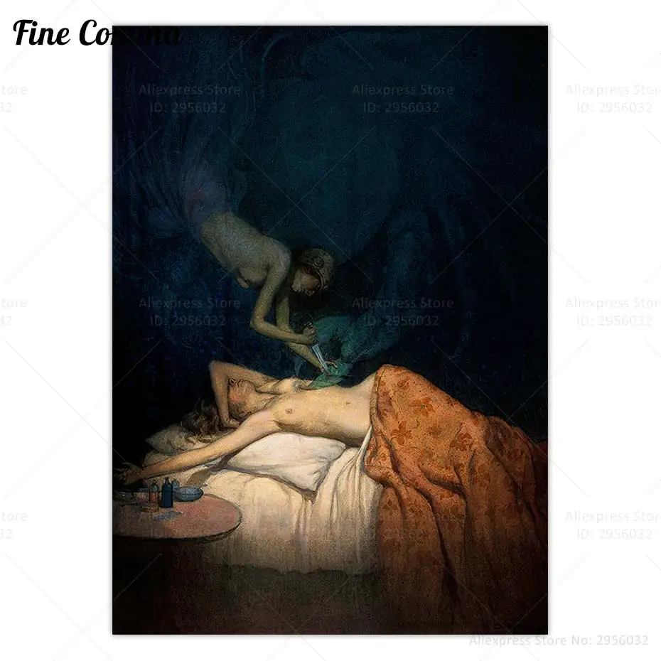 A Giant Claw Pierces the breast of a Sleeping Woman Vintage Poster Gothic Canvas Print Oddity Obscure Weird Wall Art Home Decor