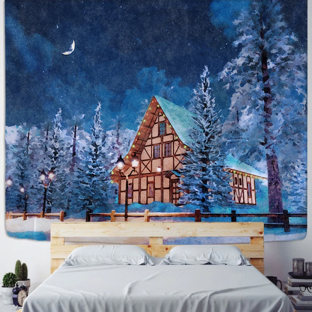 Christmas snow scene home decoration art tapestry christmas tree bohemian decoration hippie psychedelic scene wall hanging