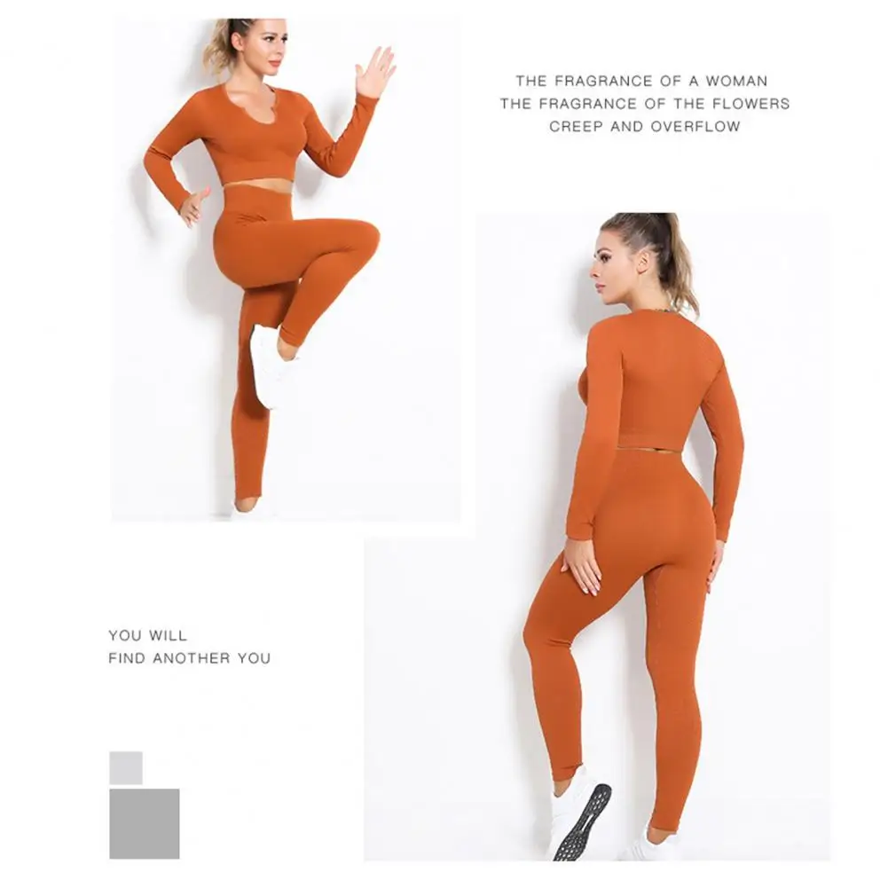 

1Set Useful Yoga Casual Suit Concise Style Fadeless Yoga Sports Suit Ribbed Outfits Long Sleeves with Legging