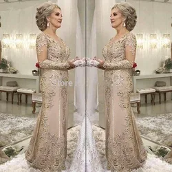 Plus Size Mother Of The Bride Dresses Mermaid V-neck Long Sleeves Tulle Appliques Beaded Long Wedding Party Dress Mother Dresses