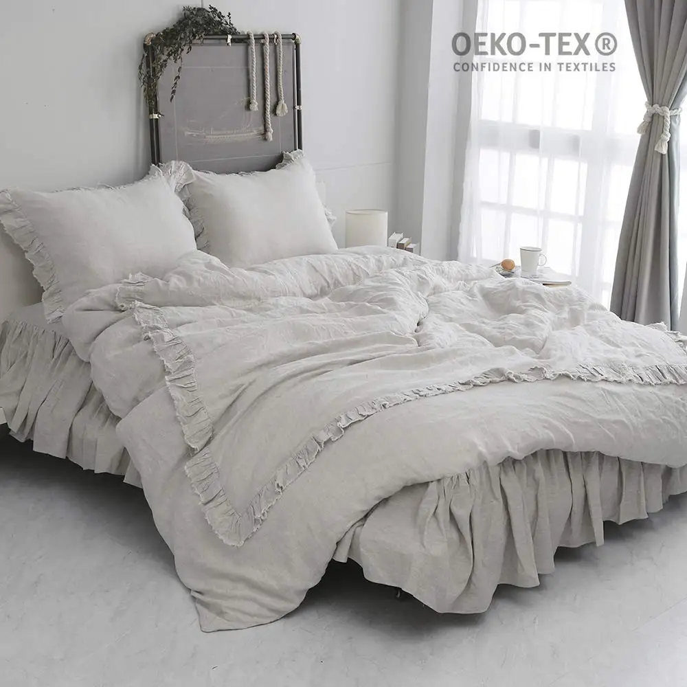 SIMPLEOPULENCE 100% Linen Duvet Cover Set Stone Washed Chic Shabby Ruffled Soft Euro Flax Fabric Durable Farmhouse Style