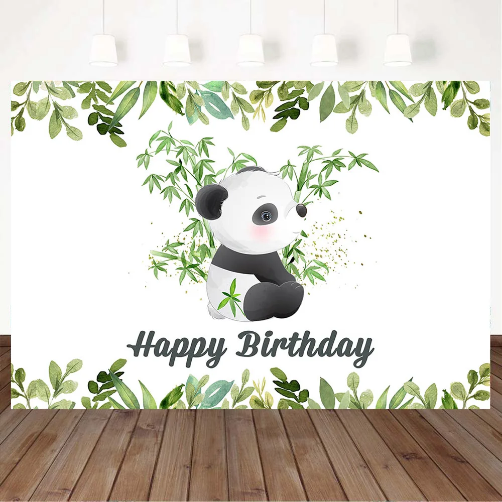 Mocsicka Panda Theme Happy Birthday Backdrop Green Leaves Bamboo Baby Birthday Cake Smash Party Photography Background Photocall